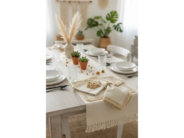 Organik Ham Keten Pasalı Saçaklı 6lı Ahsap Toka Hediyeli 40 X 40 Peçete Takımı