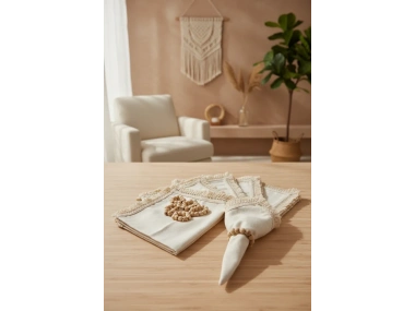 Organik Ham Keten Pasalı Saçaklı 6lı Ahsap Toka Hediyeli 40 X 40 Peçete Takımı