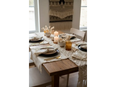 Organik Ham Keten Pasalı Saçaklı 6lı Ahsap Toka Hediyeli 40 X 40 Peçete Takımı