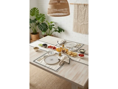 Organik Ham Keten Siyah Şeritli 6lı Ahşap Toka Hediyeli Peçete Takımı