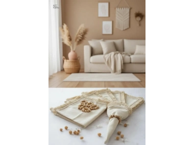 Organik Ham Keten Pasalı Saçaklı 6lı Ahsap Toka Hediyeli 40 X 40 Peçete Takımı