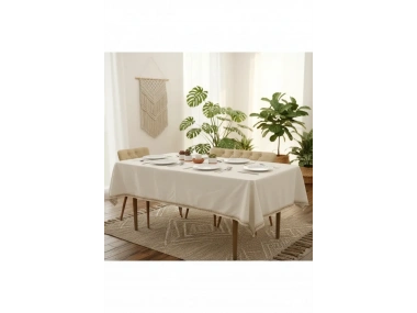 Organik Ham Keten Krem Jüt Dantelli Masa Örtüsü