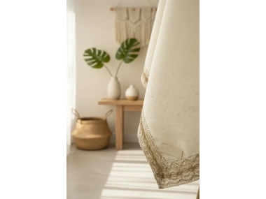 Organik Ham Keten Krem Jüt Dantelli Masa Örtüsü