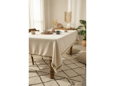 Ham Keten Organik Krem Kahverengi Şeritli Ponponlu Masa Örtüsü