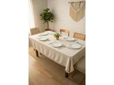 Ham Keten Organik Krem Kahverengi Şeritli Ponponlu Masa Örtüsü