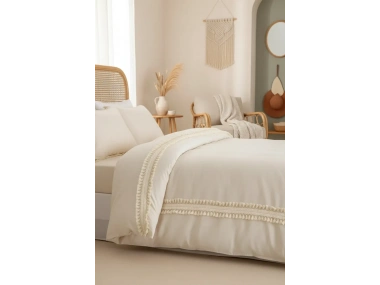 Ham Keten Krem Ponponlu Tek Kişilik Nevresim Takımı(YEDEK YASTIKLI)