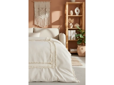 Ham Keten Krem Ponponlu Tek Kişilik Nevresim Takımı(YEDEK YASTIKLI)