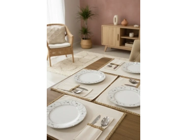 Keten 6lı Yeşil Dokuma Şeritli Amerikan Servis Seti Kaşıklık Hediyeli 35 X 55