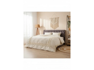 Ham Keten Krem Ponponlu Çift Kişilik Nevresim Takımı