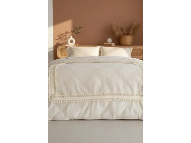 Ham Keten Krem Ponponlu Çift Kişilik Nevresim Takımı