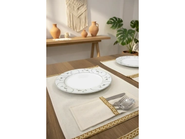 Keten Sarı Dokuma Şeritli 6lı Amerikan Servis Seti Kaşıklık Hediyeli 35x55