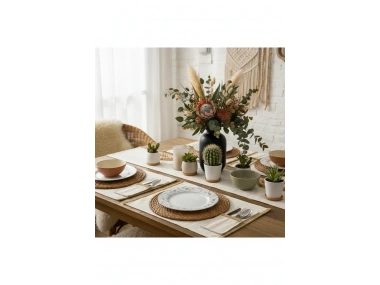 Keten Sarı Dokuma Şeritli 6lı Amerikan Servis Seti Kaşıklık Hediyeli 35x55