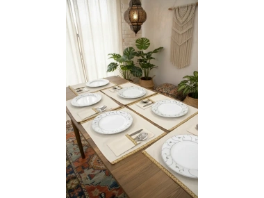 Keten Sarı Dokuma Şeritli 6lı Amerikan Servis Seti Kaşıklık Hediyeli 35x55