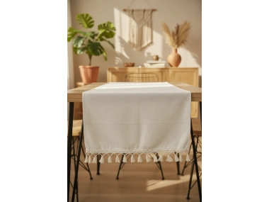 Özel Tasarım Organik Ham Keten Krem Ponponlu Runner Masa Örtüsü 45 X 150