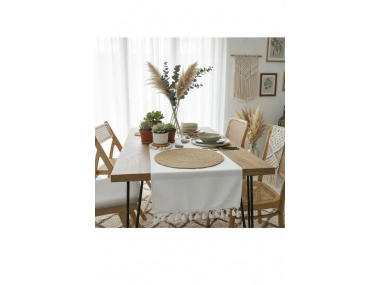Özel Tasarım Organik Ham Keten Krem Ponponlu Runner Masa Örtüsü 45 X 150