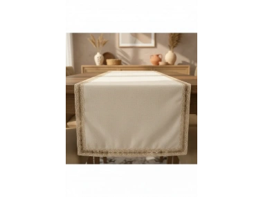 Özel Tasarım Organik Keten Krem Kum Rengi Dantelli Runner Masa Örtüsü 45 X 150