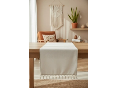 Özel Tasarım Organik Ham Keten Krem Ponponlu Runner Masa Örtüsü 45 X 150