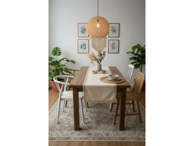 Özel Tasarım Organik Keten Krem Kum Rengi Dantelli Runner Masa Örtüsü 45 X 150