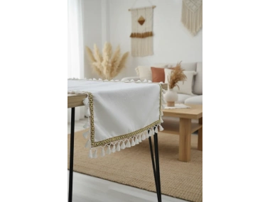 Özel Tasarım Ham Keten Krem Ponponlu Ve Şeritli Runner Masa Örtüsü