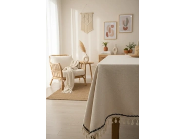 Organik Ham Keten Krem Siyah Şerit Detaylı Ponponlu Masa Örtüsü