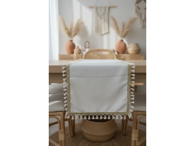 Özel Tasarım Ham Keten Krem Ponponlu Ve Şeritli Runner Masa Örtüsü