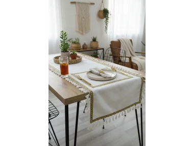 Özel Tasarım Ham Keten Krem Ponponlu Ve Şeritli Runner Masa Örtüsü