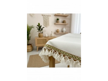 Özel Tasarım Ham Keten Krem Ponponlu Ve Şeritli Runner Masa Örtüsü