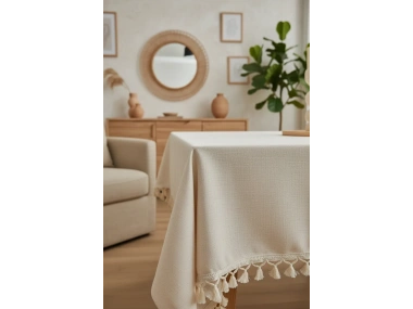 Organik Ham Keten Krem Ponponlu Masa Örtüsü