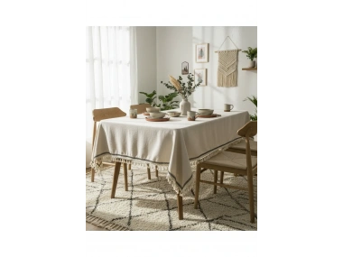 Organik Ham Keten Krem Siyah Şerit Detaylı Ponponlu Masa Örtüsü