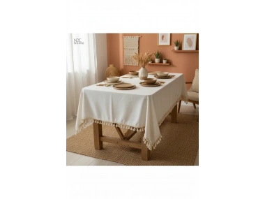 Organik Ham Keten Krem Ponponlu Masa Örtüsü