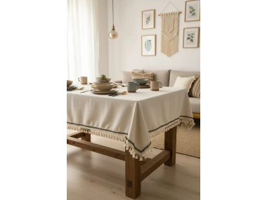 Organik Ham Keten Krem Siyah Şerit Detaylı Ponponlu Masa Örtüsü