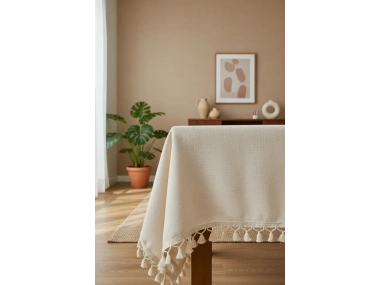 Organik Ham Keten Krem Ponponlu Masa Örtüsü