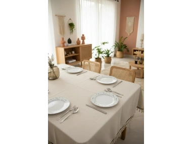 Organik Ham Keten Krem Siyah Şerit Detaylı Ponponlu Masa Örtüsü