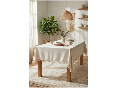 Organik Ham Keten Krem Ponponlu Masa Örtüsü