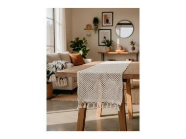 Özel Tasarım Pamuk Örme Dantel Ponponlu Runner Masa Örtüsü 35 X 140