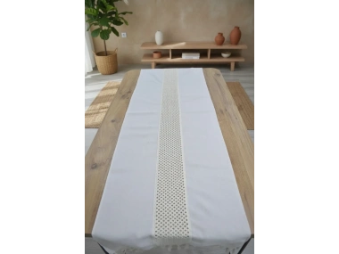 Özel Tasarım Ham Keten Krem Ara Dantelli Ve Ponponlu Runner 45 X 150