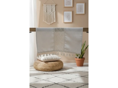 Özel Tasarım Ham Keten Krem Ara Dantelli Ve Ponponlu Runner 45 X 150