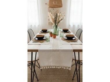 Özel Tasarım Ham Keten Krem Ara Dantelli Ve Ponponlu Runner 45 X 150