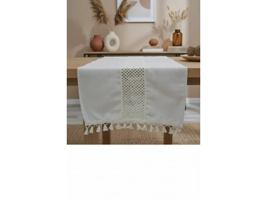 Özel Tasarım Ham Keten Krem Ara Dantelli Ve Ponponlu Runner 45 X 150