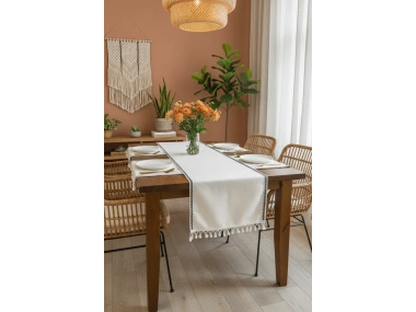 Ham Keten Siyah Şeritli Ponponlu 50 X 150 Cm. Krem Runner.