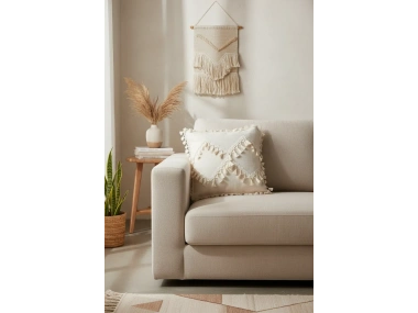 Özel Tasarım Çapraz Ponponlu Tekli Keten Krem Kırlent Kılıfı(45X55)