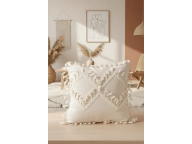 Özel Tasarım Çapraz Ponponlu Tekli Keten Krem Kırlent Kılıfı(45X55)