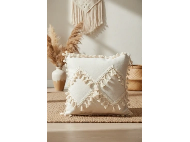 Özel Tasarım Çapraz Ponponlu Tekli Keten Krem Kırlent Kılıfı(45X55)