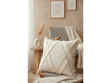 Özel Tasarımkare Çapraz Kokoş Tekli Keten Krem Kırlent Kılıfı 43x43