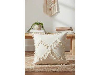 Özel Tasarım Çapraz Ponponlu Tekli Keten Krem Kırlent Kılıfı(45X55)