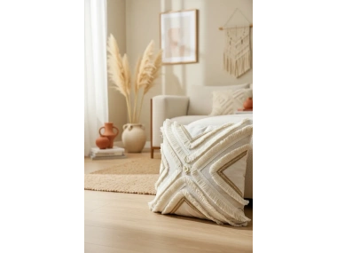 Özel Tasarım Çoklu Püsküllü Motifli Tekli Keten Krem Kırlent Kılıfı (43X43)