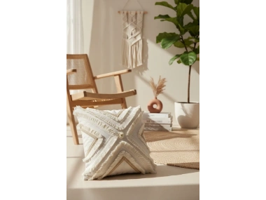 Özel Tasarım Çoklu Püsküllü Motifli Tekli Keten Krem Kırlent Kılıfı (43X43)