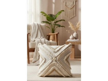 Özel Tasarım Çoklu Püsküllü Motifli Tekli Keten Krem Kırlent Kılıfı (43X43)