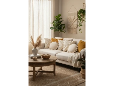 Özel Tasarım Çoklu Püsküllü Motifli Tekli Keten Krem Kırlent Kılıfı (43X43)