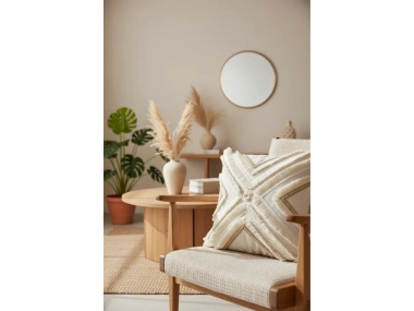 Özel Tasarım Çoklu Püsküllü Motifli Tekli Keten Krem Kırlent Kılıfı (43X43)